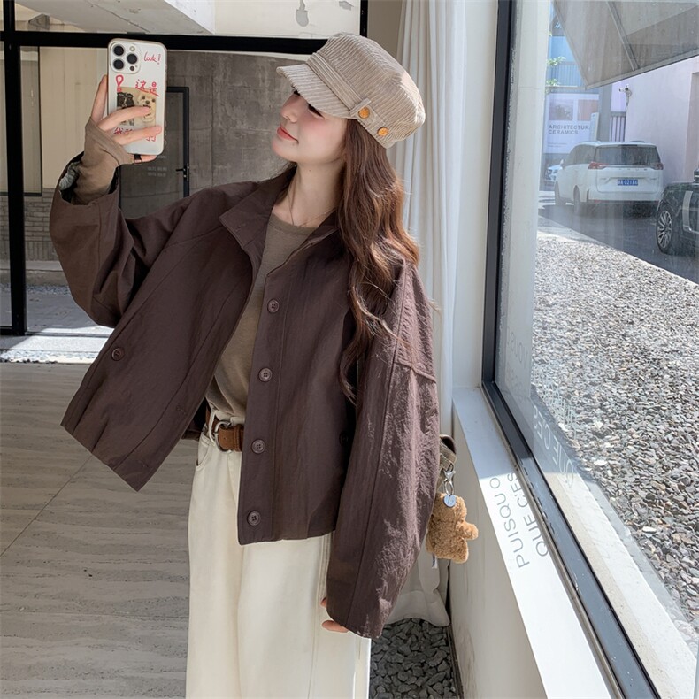 美拉德咖色工装风衣短外套女春秋2025新款学院风流行减龄小个子,女装短外套,2C275