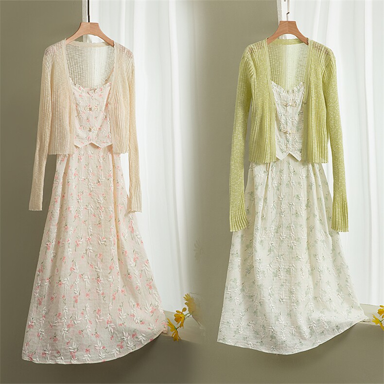 【5折清仓】锦系列专柜1099针织外套裙两件花溪2025年夏季，女装套装/套裙，曼琳思菲