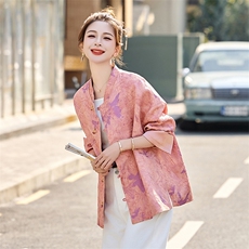 新中式印花国风短外套女2025春秋新款宽松气质百搭年轻款唐装上衣，女装短外套，美沁