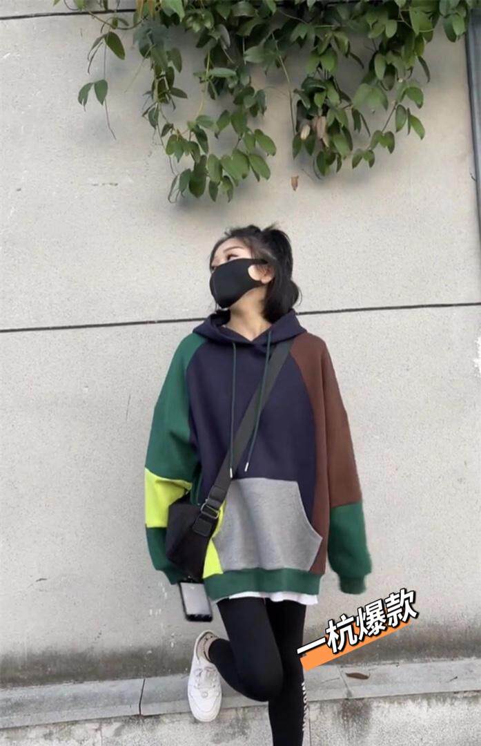 撞色加绒卫衣，女装卫衣/绒衫，一杭