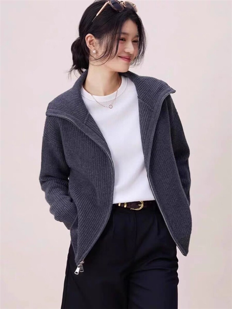 2025年秋季时尚百搭通勤简约休闲拉链开衫，女装针织衫/毛衣，斯尔特羊绒