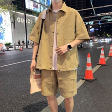 夏季薄款冰丝短袖衬衫情侣短袖短裤两件套装A455P65，男装衬衫，电商A309