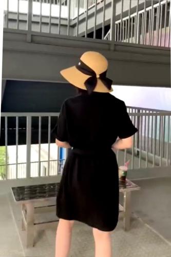 DG897夏季新款2021港风翻领收腰气质显瘦双口袋天丝连衣,女装,L·H·X