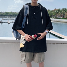 LD54164-P45连帽短袖t恤男大码胖子带帽五分袖中袖，男装T恤，电商A040