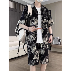 网络图现货  夏季大码新款碎花衬衫短裤两件套沙滩套装JF66-P55图片