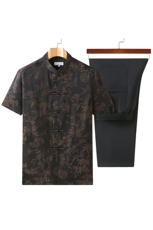 2022男高端风短袖唐装衬衫中式中老年风立体刺绣套装T恤，男装中老年男装，钱塘723