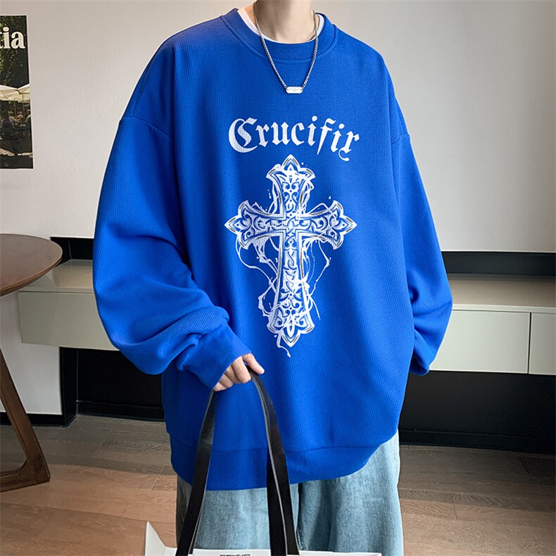华夫格卫衣圆领卫衣男大码长袖t恤男外套HW76268-P30加绒款-P40,男装卫衣,电商A040