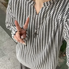 美式高街千鸟格子长袖T恤男女亨利V领英伦雅痞休闲宽松长袖打底衫，男装T恤，电商A486