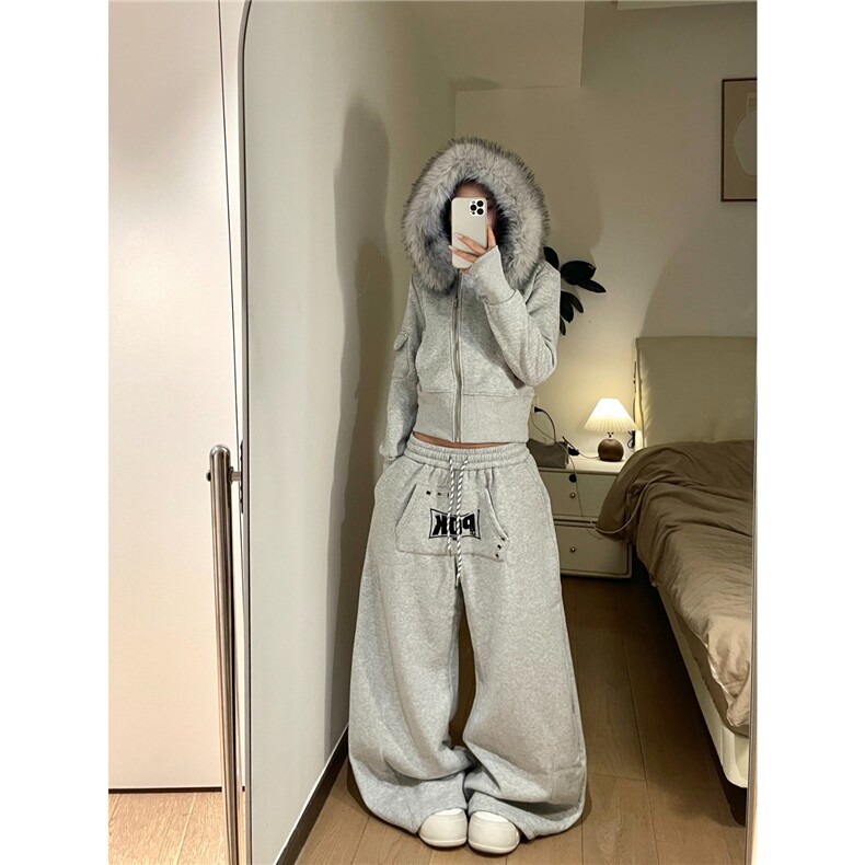 布零零灰色加绒卫裤女宽松弯刀阔腿美式休闲运动裤男K6789-P56,男装休闲裤,星座412-3