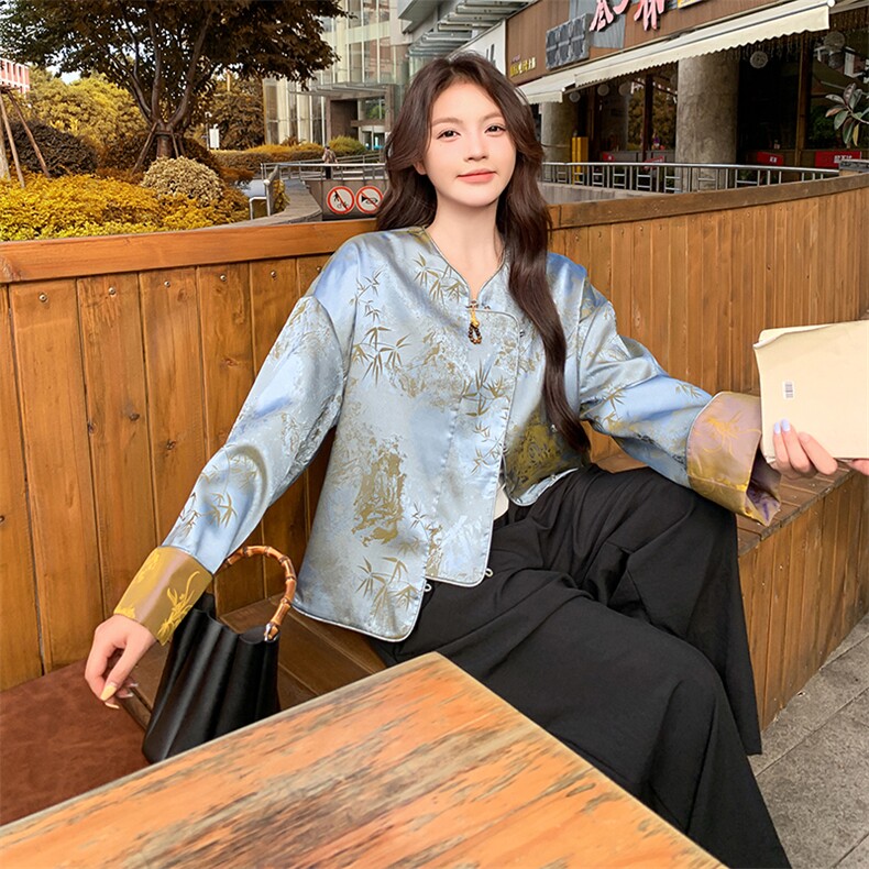 新中式国风蓝色缎面短款外套女春高级感好看洋气独特别致绝美上衣,女装短外套,2C372