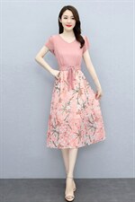 2025夏季碎花雪纺收腰假两件连衣裙女气质拼接裙子温柔长裙，女装连衣裙，牡丹诺