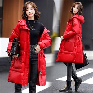 羽绒服女高端长款连帽亮面白鸭绒90绒羽绒服冬图片