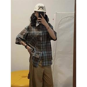 夏季复古格纹美式慵懒衬衫宽松休闲街头设计感短袖外套CS159图片