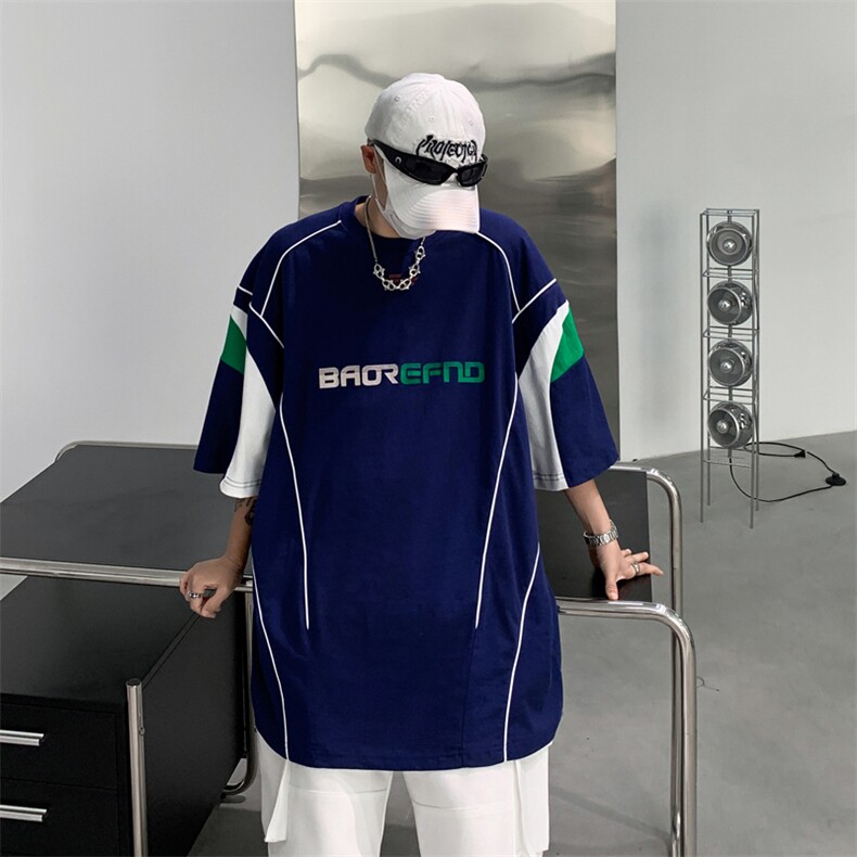 2024新款美式宽松百搭短袖撞色运动球服T恤男生现货T1760-P40,男装T恤,星座512-4
