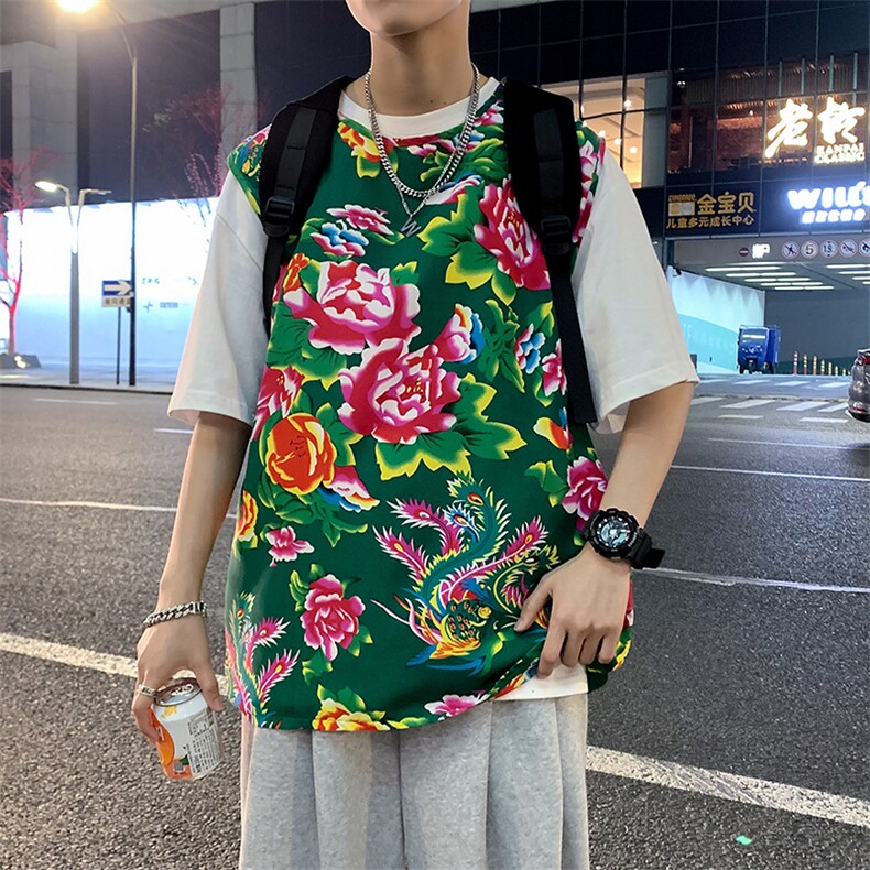 夏季大码东北大花布男背心坎肩运动马甲男装风民族牡丹花MJ01,男装背心/马甲,星座115A(原星座507）