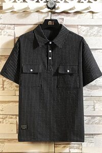 白砖 夏季条纹工装口袋新款短袖衬衫潮男宽松大码衬衣T90-P40图片
