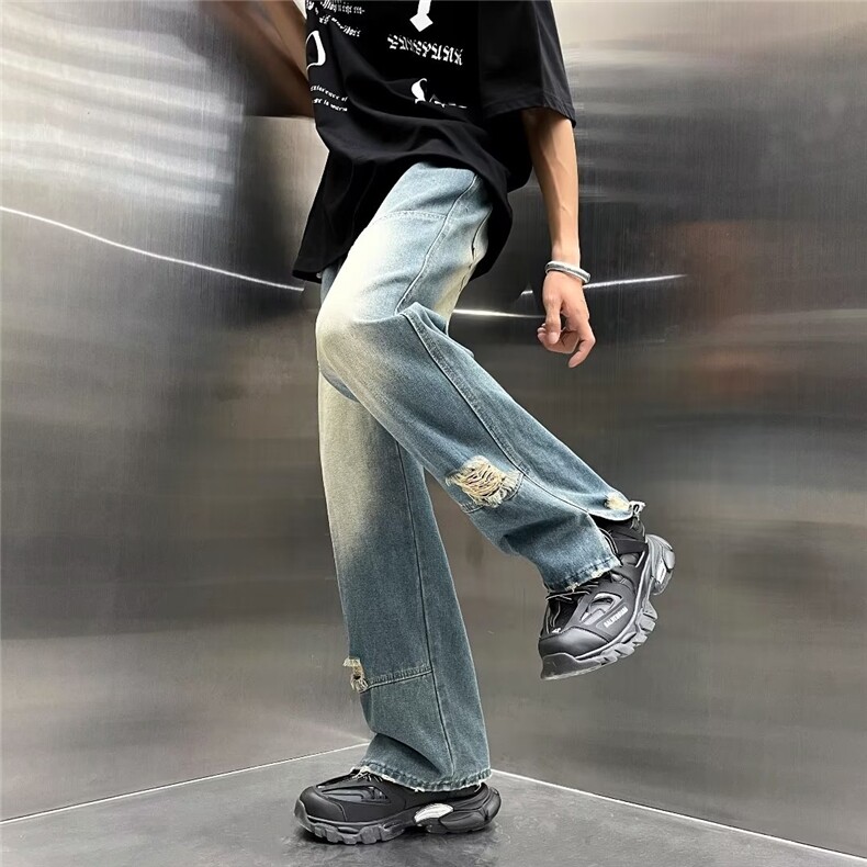 青春流行ins男直筒水洗破洞牛仔裤P45,男装牛仔裤,星座1116-2