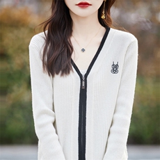 V领拼色100%纯羊毛开衫女绣花拉链外套毛衣宽松短款羊绒针织上衣，女装短外套，蒙特羊绒