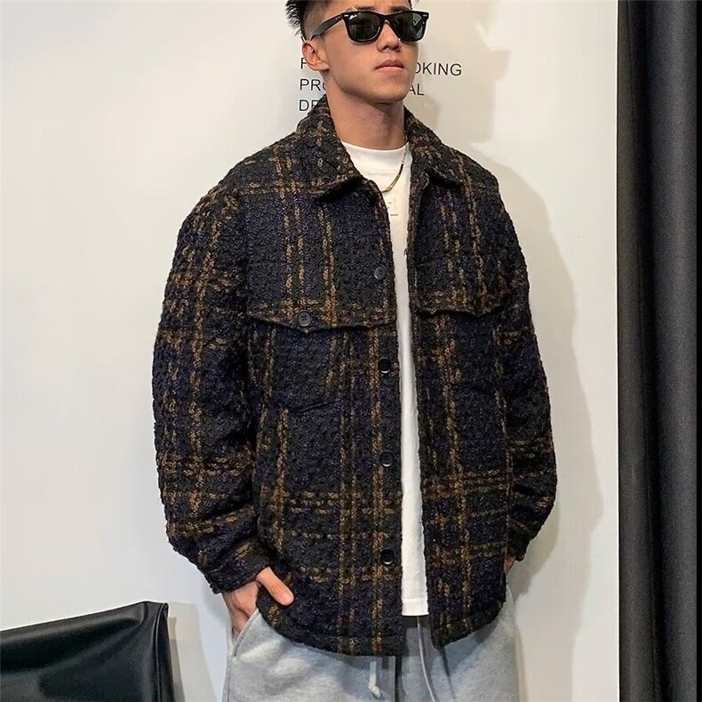 春秋新款编织棉线千鸟格小香风夹克上衣情侣同款加厚翻领衬衫外套图片