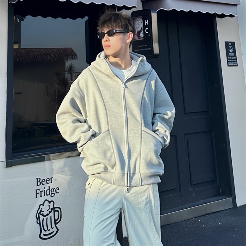 抖音得物高品质秋冬美式高街重磅结构辑明线纹理连帽卫衣外套W111,女装短外套,电商A486-1