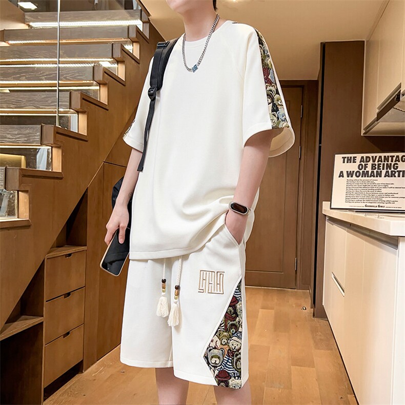 男士短裤两件套刺绣夏季休闲运动套装男宽松T恤A266-TZ9958-P50,男装休闲套装,电商A266