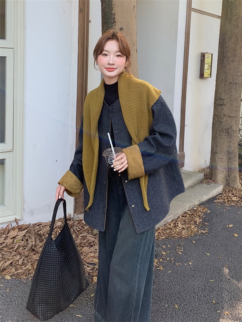 欧货拼色披肩毛呢短款外套女秋2025新款宽松显瘦小个子拉链夹克潮,女装毛呢外套,浙宝301