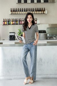 V领条纹T,其它,伊洛姿