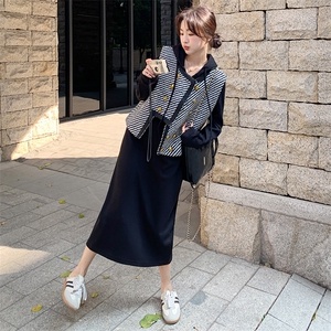 小香风条纹针织连衣裙女春秋2025新款马甲套装裙轻熟风爆款流行图片