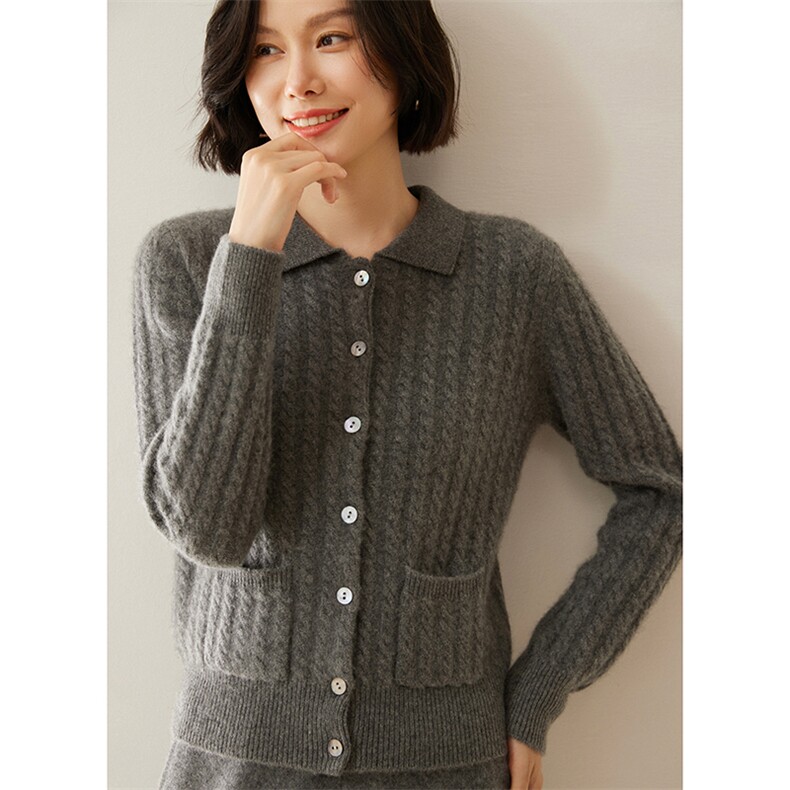 2024年秋冬季Polo麻花衬衣35%羊绒，女装羊绒衫，绒创羊绒