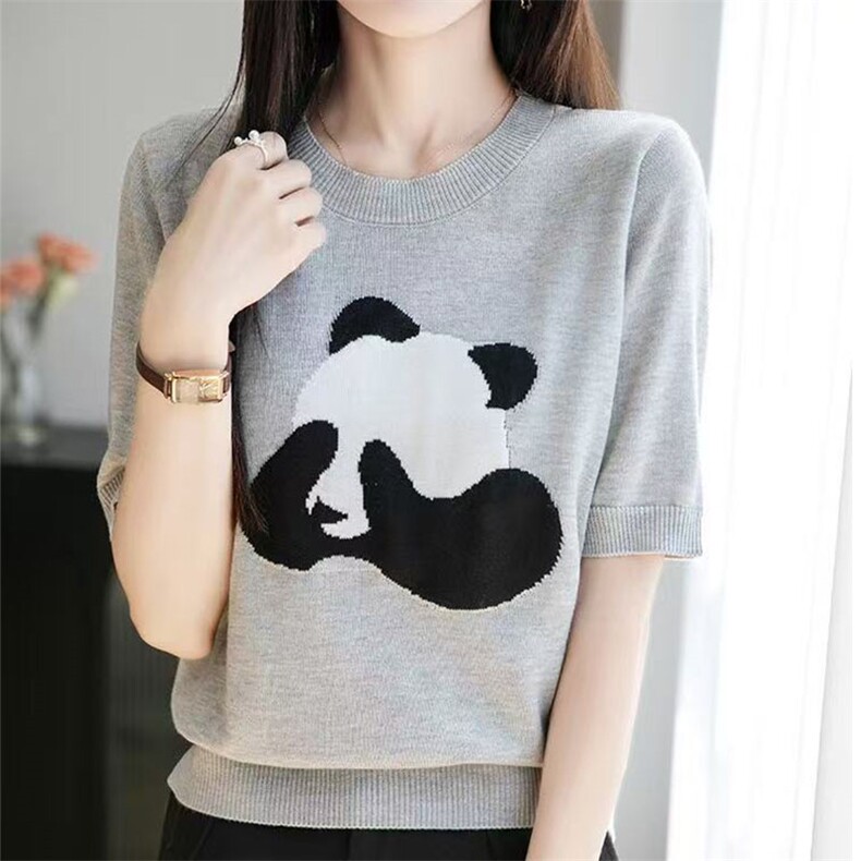 夏季圆领羊毛针织短袖T恤女立体刺绣宽松半袖休闲百搭上衣打底衫，女装T恤，萱芳婷羊绒
