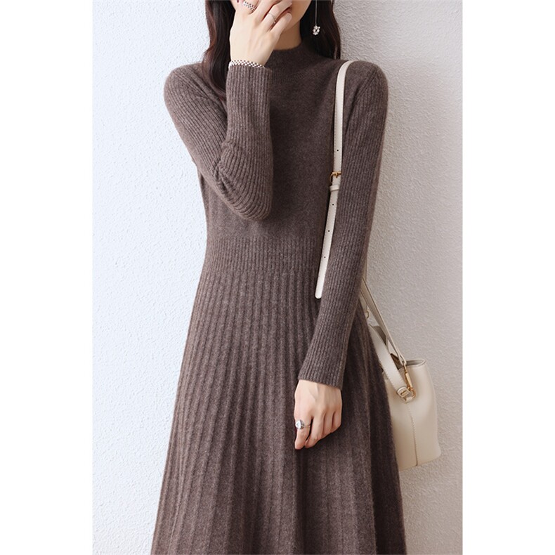 秋冬新款女装圆领中长款打底过膝羊毛针织裙,女装连衣裙,绒汀羊绒