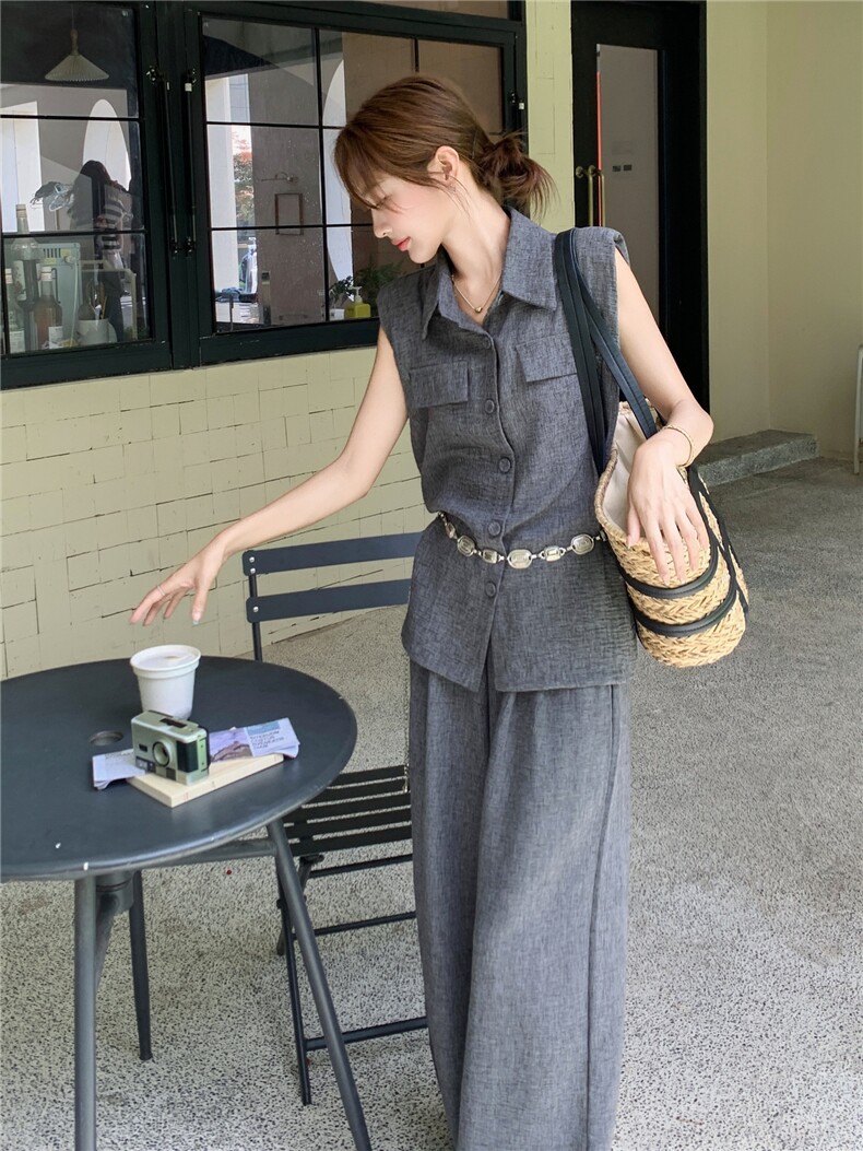韩系高级感深灰色马甲套装女2025年夏季新款减龄显瘦阔腿裤两件套,女装套装/套裙,蝶眷