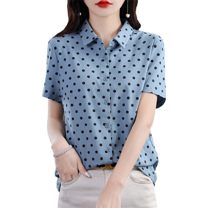 新款女士优雅波点纯棉短袖衬衫,女装衬衫,臻维羊绒