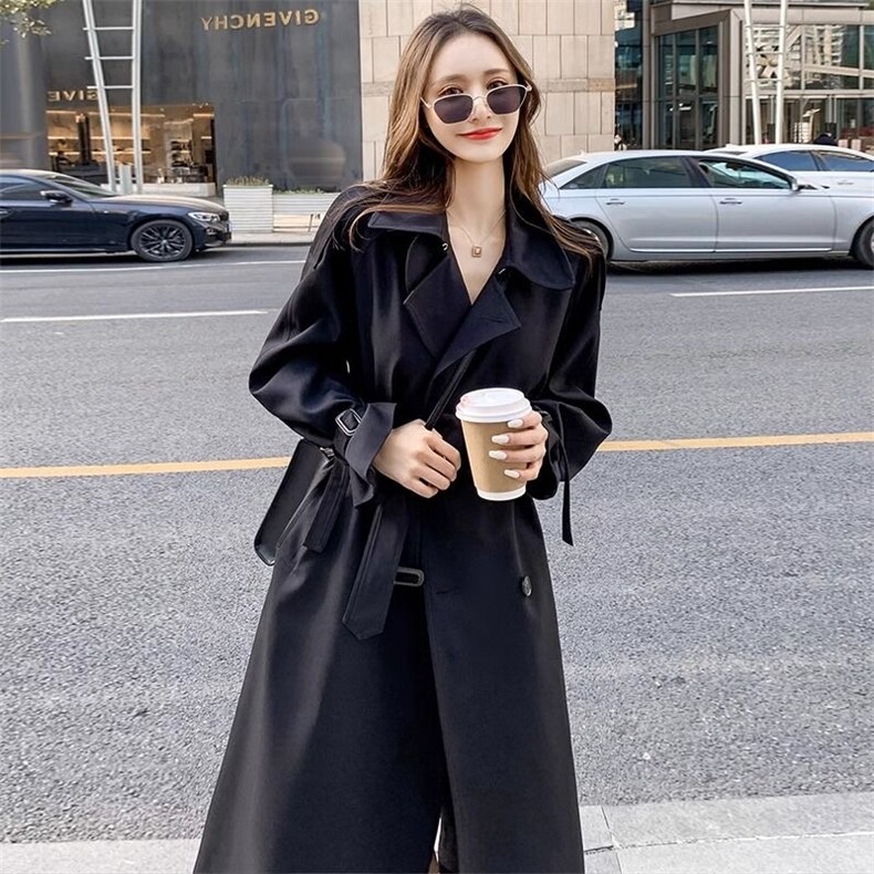 黑色风衣外套女2023新款秋季季英伦风中长款过膝韩系显瘦气质大衣,女装风衣,美吧服饰