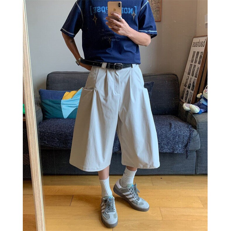 夏季日系复古简约纯色五分西裤男女学院风宽松阔腿坠感休闲短裤,男装牛仔裤,星座601-1