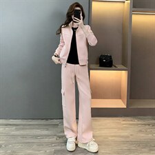 小个子穿搭套装女春季欧货高端纯色短款外套休闲运动长裤三件套潮,女装套装/套裙,江南