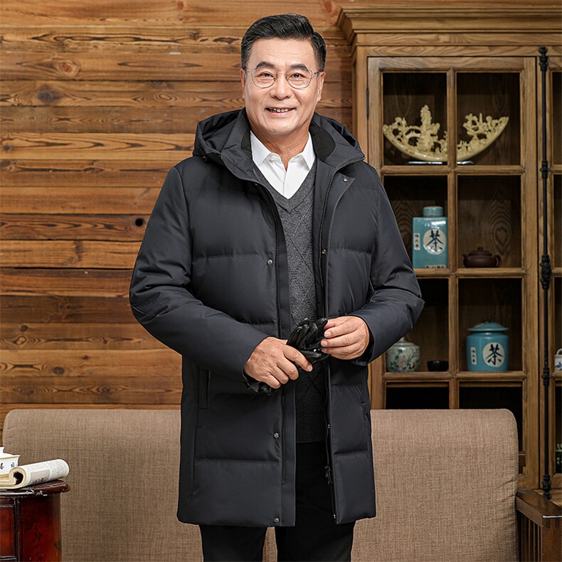 2024年冬季老年休闲男士连帽中长款羽绒服男装加厚保暖白鸭绒外套,男装羽绒服,钱塘6003（原4033）