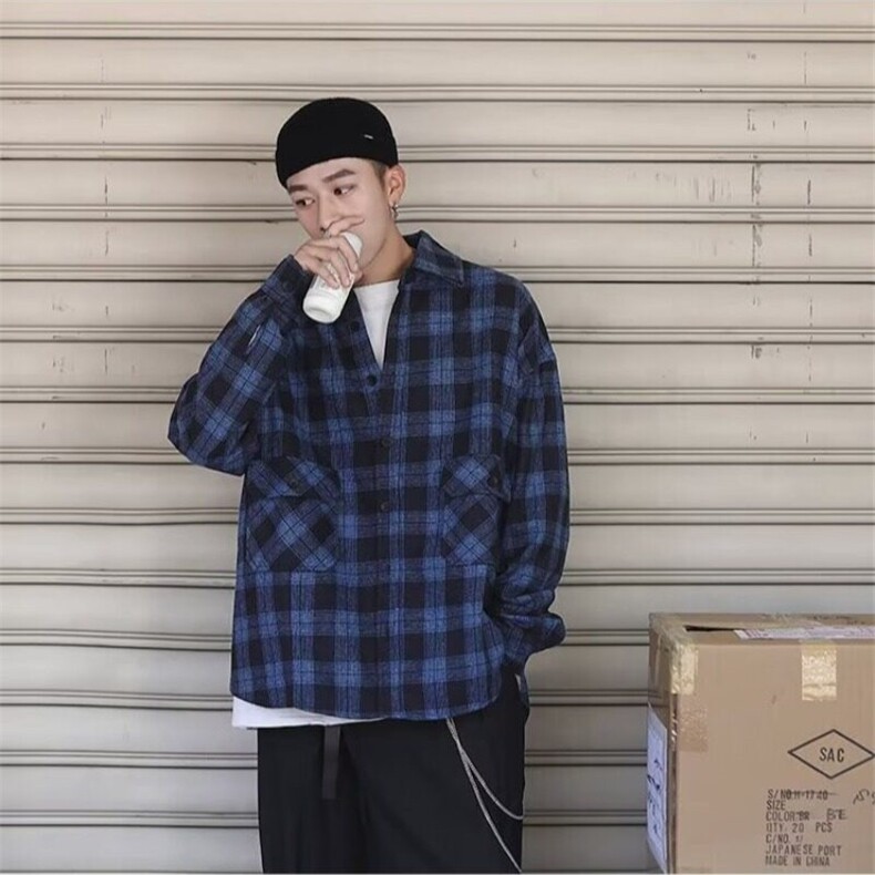 春秋新款蓝色格子衬衫松弛感男女宽松复古简约小刺绣长袖薄外套,男装衬衫,星座506A