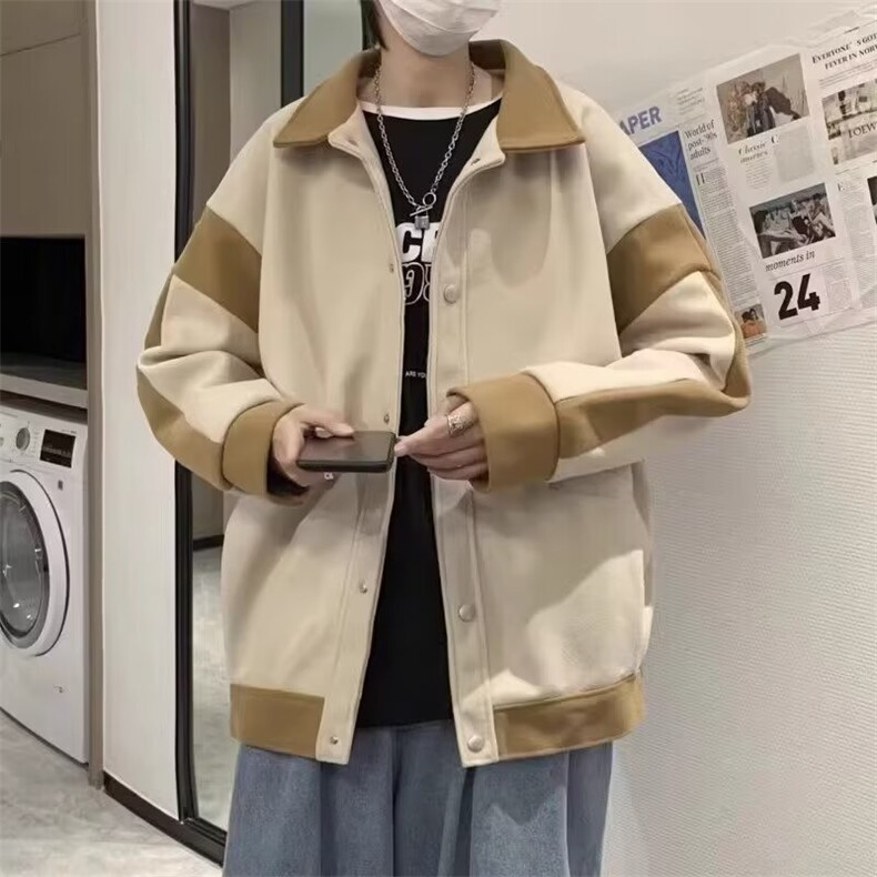 425-P52 拼接撞色毛呢外套男oversize港风宽松百搭休闲韩版图片
