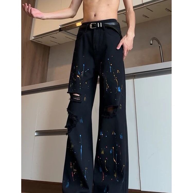 黑色泼墨破洞牛仔裤男夏季美式潮牌提档微喇裤直筒阔腿高腰长裤子,男装牛仔裤,星座1210-1
