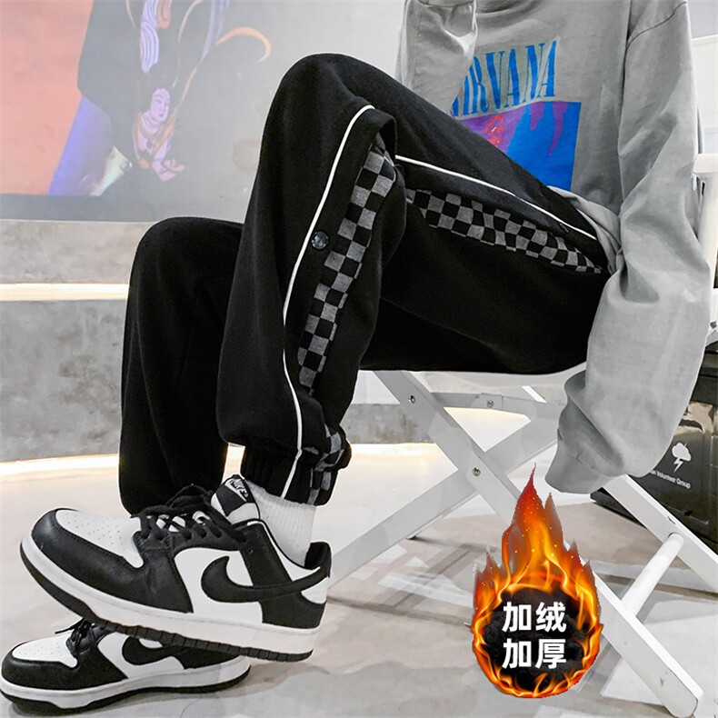 K3132-P50加绒P56冬装加厚美式宽松男女侧边棋盘格撞色休闲卫裤，男装休闲裤，电商A009A（原A058A）