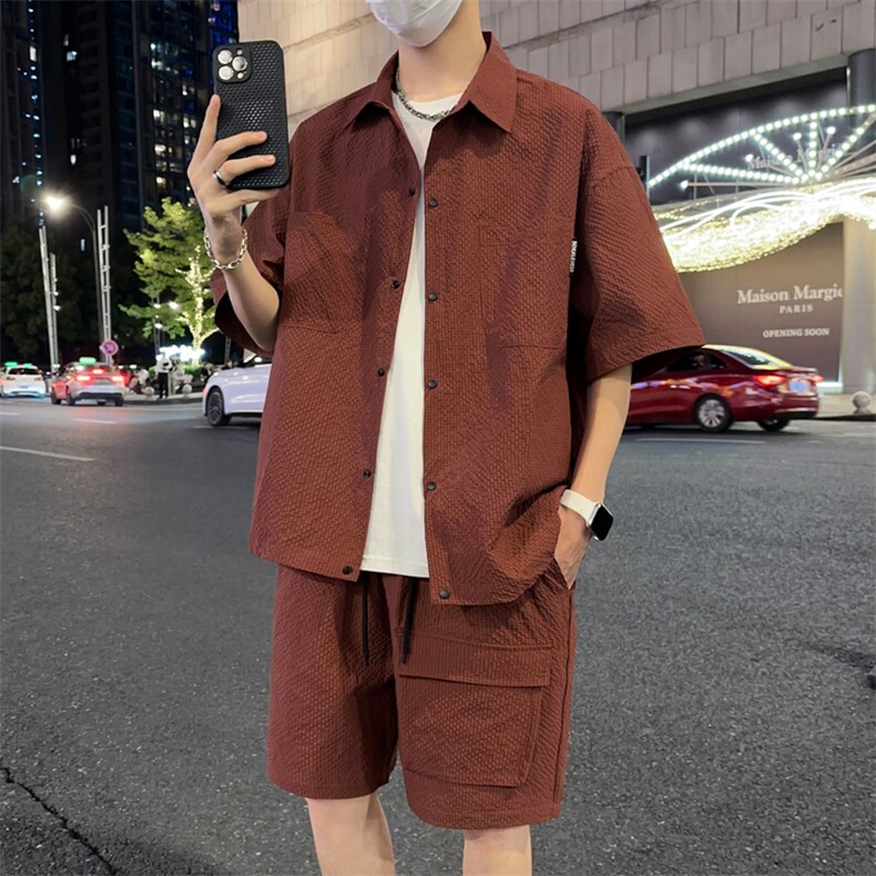 夏季薄款冰丝短袖衬衫情侣短袖短裤两件套装A455P65,男装衬衫,电商A309
