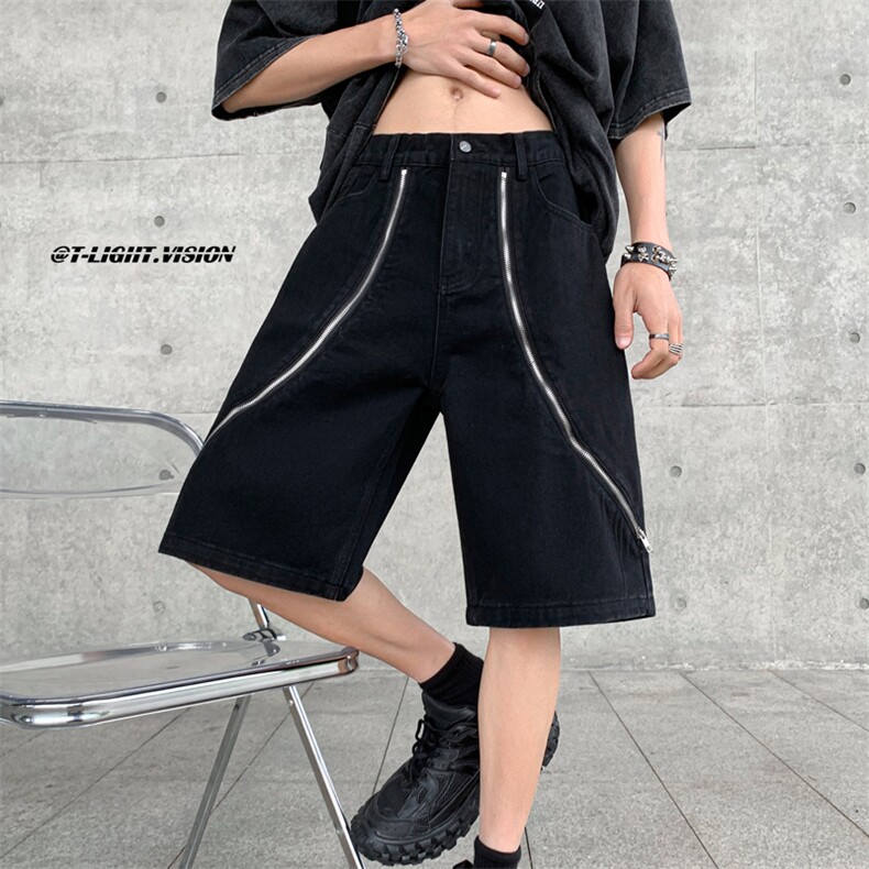 B221美式ins高街暗黑小众拉链牛仔短裤五分裤LK23101-P60控78,男装牛仔裤,电商B221