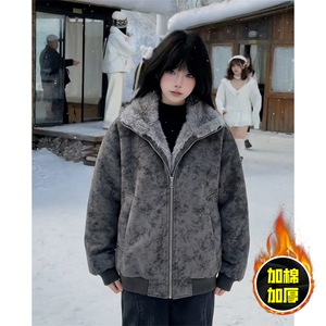 现货高品质美式高街重磅座山雕毛毛领pu皮棉衣男女加厚棉服冬外套图片