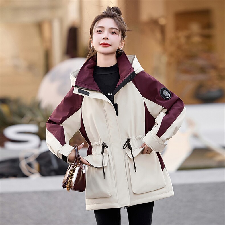 时尚撞色工装派克服棉衣女中长款2024冬新款连帽加绒加厚保暖外套，女装棉衣/棉服，心心服饰