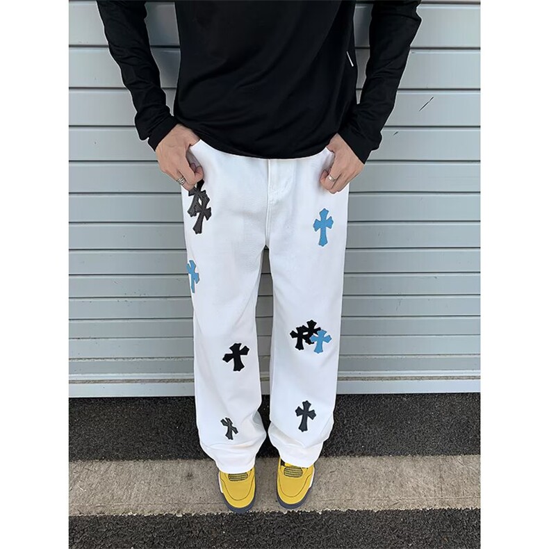 美式高街新款十字架贴布网红同款潮牌牛仔长裤宽松百搭休闲男女款,男装休闲裤,星座410-6（原星座1304-1）