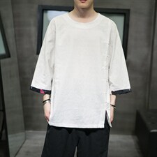 2025夏季新款风棉麻唐装短袖体恤男七分袖QT6008-1/T063/P60，男装T恤，电商A008