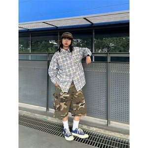 美式复古破洞补丁迷彩工装牛仔短裤男女夏季显瘦宽松阔腿七分裤子图片