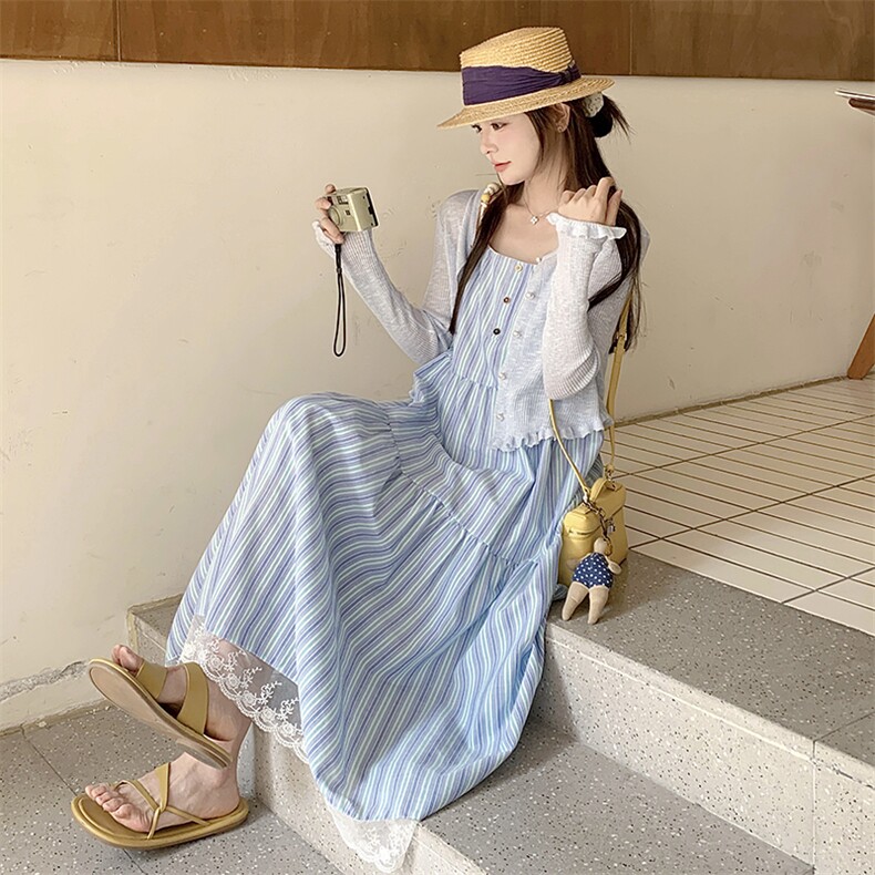 【出货中】25夏季兰色竖条纹度假风两件套L602-P165-K228,女装连衣裙,2C317