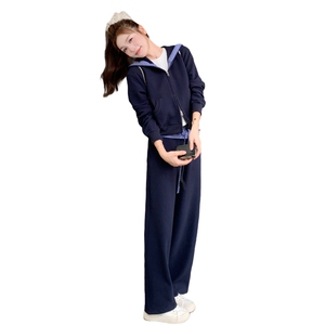 减龄蓝色休闲运动套装女2025春秋季新款显瘦连帽卫衣阔腿裤两件套图片